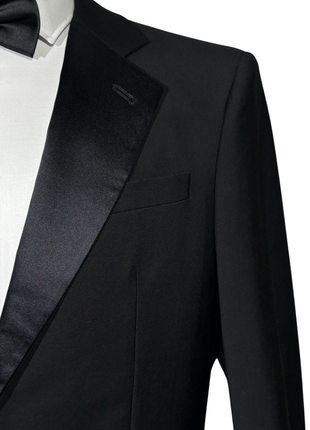 Giorgio Armani Mens Solid Black Fully-Canvassed Satin Notch Lapel Slim Fit 2-Button Wool Tuxedo - 40L