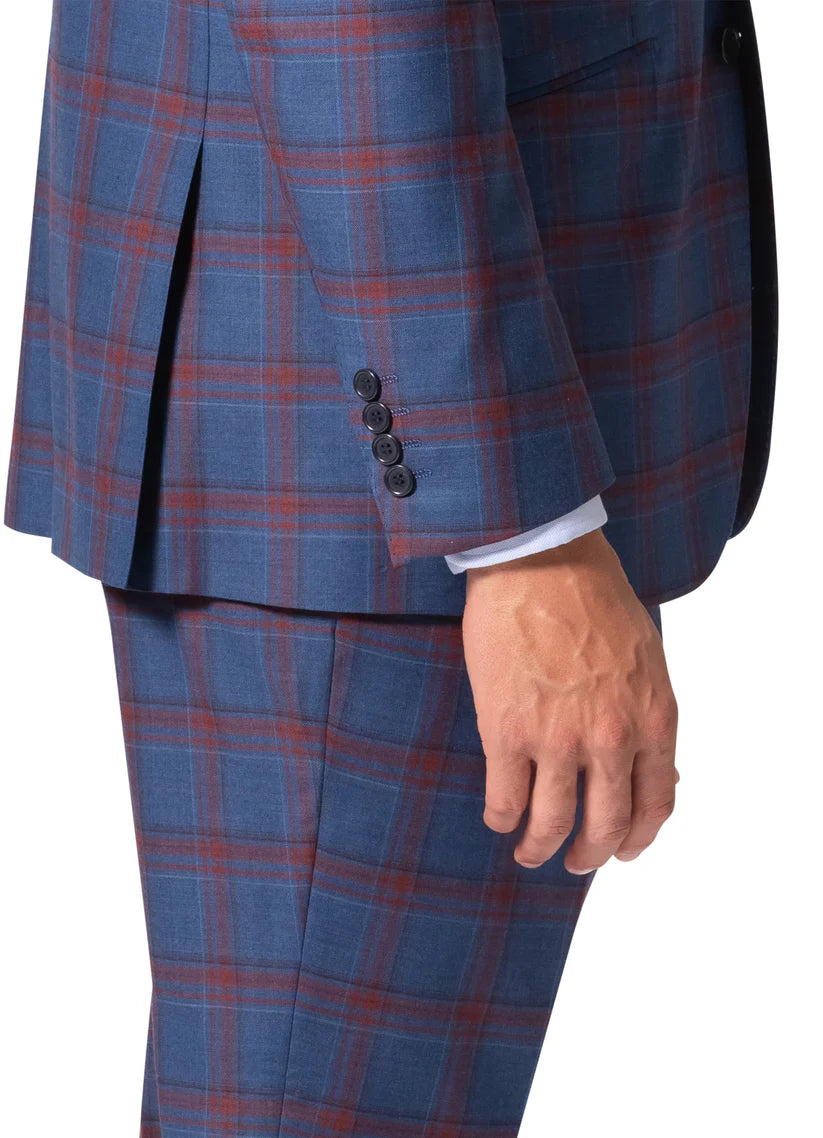 Beragamo Elegant Men Blue Plaid Classic Fit 100% Wool 3 Piece Suit & Peak Lapels