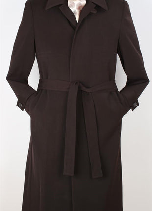 Black Diamond Mens Solid Brown 100% Wool Gabardine Belted Duster Overcoat