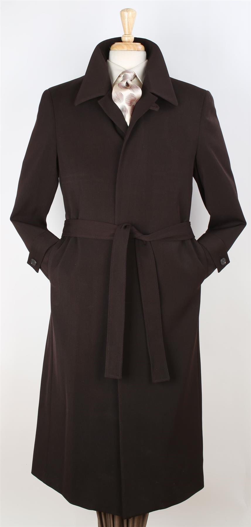 Black Diamond Mens Solid Brown 100% Wool Gabardine Belted Duster Overcoat