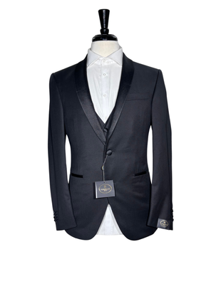 Corneliani Mens Solid Black Fully-Canvassed Shawl Lapel Classic Fit 3-Piece Wool Tuxedo - 38R