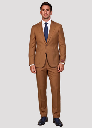 Mazara Mens Bronze Brown Classic Fit Notch Lapels Patch Pockets Wool Stretch 2-Button Suit