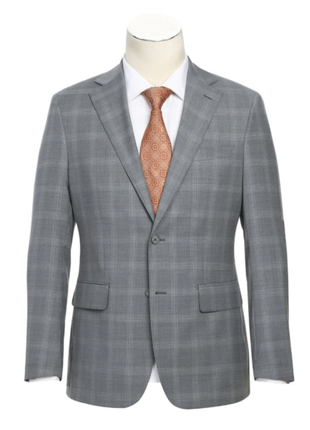 English Laundry Light Gray Plaid Slim Fit Notch Lapel Wool Blend Stretch 2 Button Suit