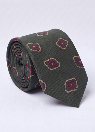 Letteriello Olive Green with Burgundy Medallions Italian Silk Neck Tie