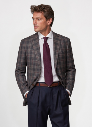 Ermenegildo Zegna Brown & Burgundy Windowpane Classic Fit 2-Button Linen Wool Silk Sport Coat 40L