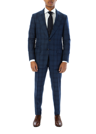 Sartoria Mazara Mens Slim Fit Navy Blue With Burgundy Check 100% Wool Suit With Peak Lapels