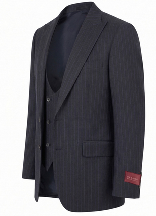 Mazara Mens Dark Gray with Navy Pinstripe Classic Fit Peak Lapel Wool 3-Piece Suit