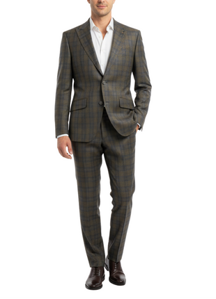 Beragamo Elegant Mens Green With Blue Plaid Modern Fit Peak Lapel Wool 2 Button Suit