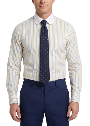 Steven Land Yellow & Blue Striped Club Collar French Cuff Cotton Dress Shirt