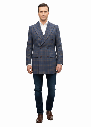 Canuti By Steven Land Mens Blue Check Double Breasted 100% Wool Overcoat