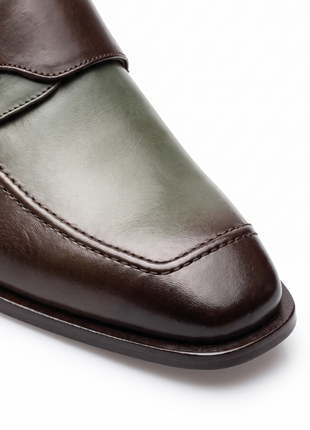 Mezlan Forest Green & Brown Two-Tone Leather Monk Strap Dress Shoes