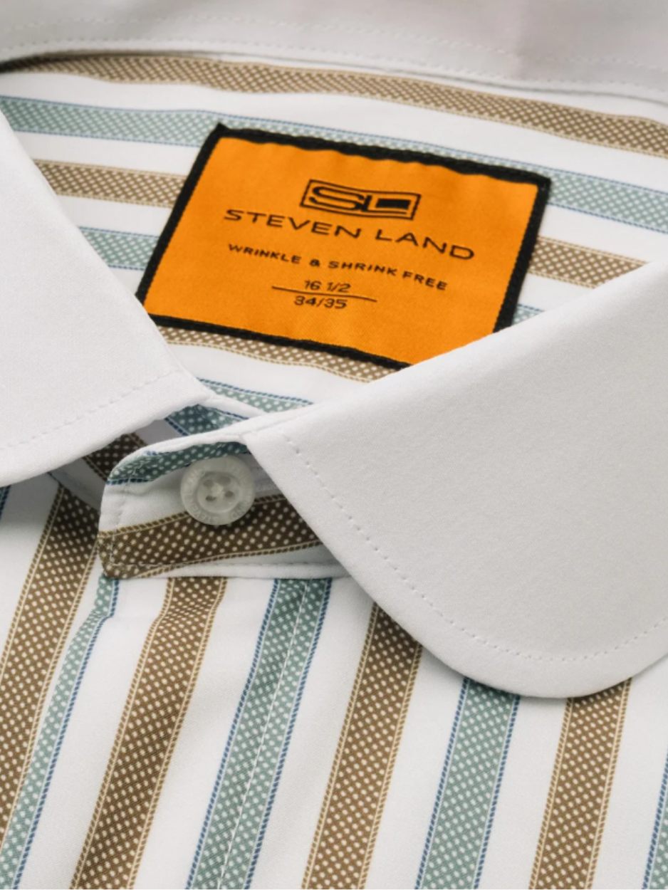 Steven Land Brown & Sage Striped Club Collar French Cuff 100% Cotton W The Suit Depot Steven Land Brown & Sage Striped Club Collar French Cuff 100% Cotton W The Suit Depot