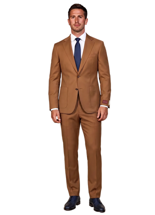 Mazara Mens Bronze Brown Slim Fit Notch Lapels Patch Pockets Wool Stretch 2-Button Suit