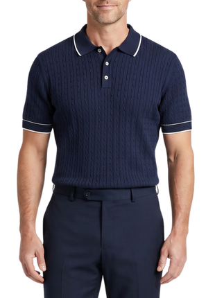 Proper Sport Navy Blue Short Sleeve Cable Knit Cotton Silk Polo Shirt