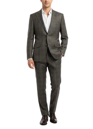 Beragamo Elegant Mens Green With Blue Plaid Slim Fit Peak Lapel Wool 2 Button Suit