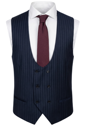 Mazara Mens Navy Rope Striped Classic Fit Peak Lapel 3-Piece Wool Suit
