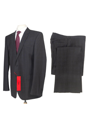 Hugo Boss Mens 42L Charcoal Plaid 100% Wool Slim Fit Two Piece Suit