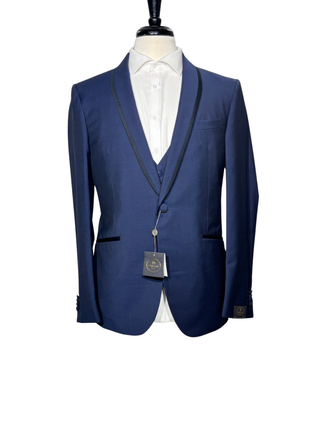 Corneliani Mens Blue With Black Trim Fully-Canvassed Shawl Lapel Classic Fit 3-Piece Wool Blend Tuxedo Suit - 36S - The Suit Depot