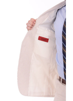 Emigre Classic Fit Tan Pinstriped Two Button Cotton Seersucker Blazer