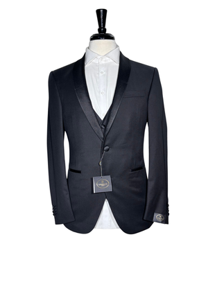 Corneliani Mens Solid Black Fully-Canvassed Shawl Lapel Classic Fit 3-Piece Wool Tuxedo - 38R
