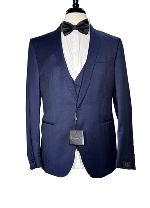 Corneliani Mens Solid Navy Fully-Canvassed Shawl Lapels Slim Fit 3-Piece Wool Tuxedo - 42R