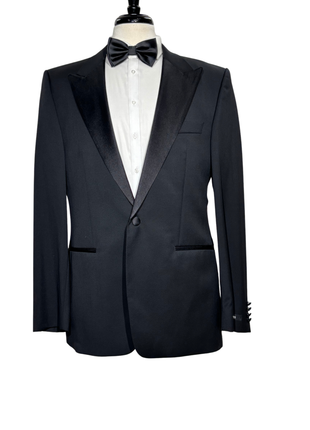 Napoli Mens Solid Black Satin Peak Lapel Classic Fit 1-Button Wool Cashmere Tuxedo - 42L