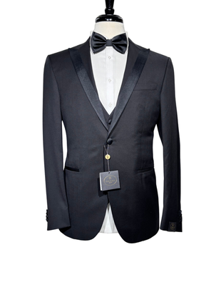 Corneliani Mens Solid Black Fully-Canvassed Satin Split Peak Lapel Slim Fit 3-Piece Wool Tuxedo - 40R