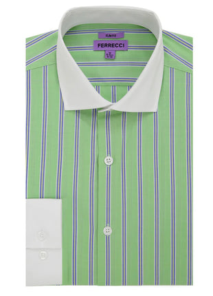 Ferrecci Green Striped Slim Fit Spread Collar Cotton Dress Shirt - The Suit Depot