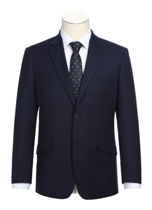 Raphael Windowpane Navy Blue Slim Fit Notch Lapels Two Button Stretch Suit