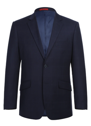 Raphael Windowpane Navy Blue Slim Fit Notch Lapels Two Button Stretch Suit