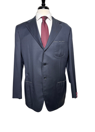 Sartoria Partenopea Mens Solid Dark Blue Notch Lapel Slim Fit 3-Button Wool Suit With Patch Pockets- 46R