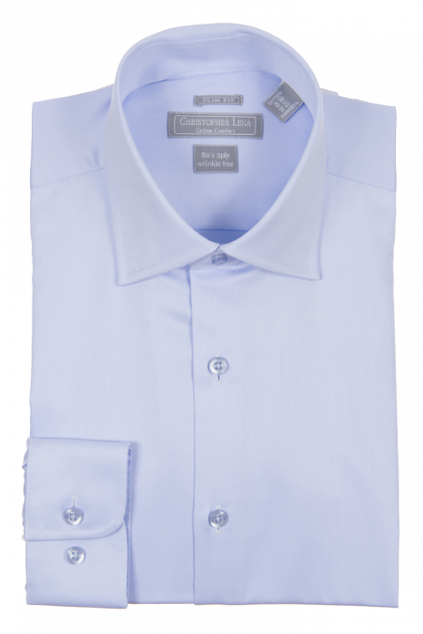 Men's Slim Fit Light Blue Spread Collar Wrinkle Free 100% Cotton Dress Shirt