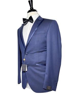 Corneliani Mens Solid Navy Fully-Canvassed Peak Lapel Slim Fit 3-Piece Wool Tuxedo Suit - 38R