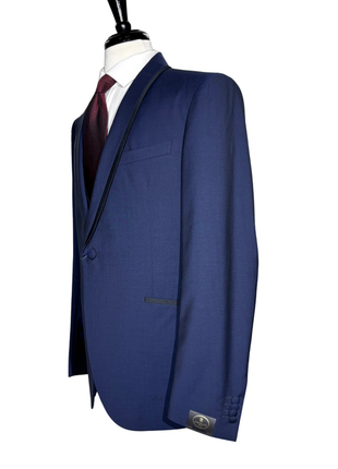 Corneliani Mens Blue With Black Trim Fully-Canvassed Shawl Lapel Slim Fit 3-Piece Wool Mohair Tuxedo - 44R