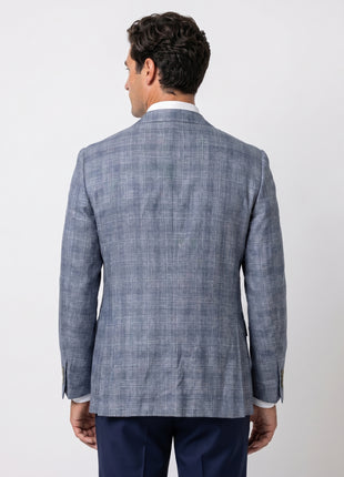 Canali Grey & Light Blue Plaid Modern Fit Wool Silk Linen 2-Button Sport Coat 44L