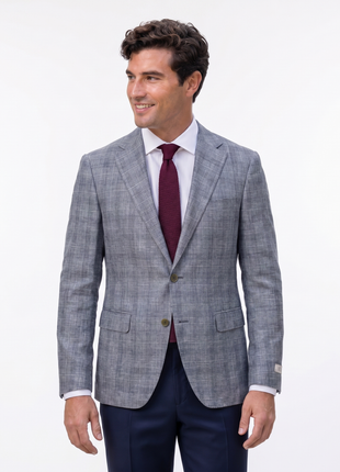 Canali Grey & Light Blue Plaid Modern Fit Wool Silk Linen 2-Button Sport Coat 44L