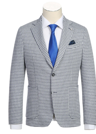 Raphael Blue White Houndstooth Slim Fit Patch Pockets Notch Lapels Blazer
