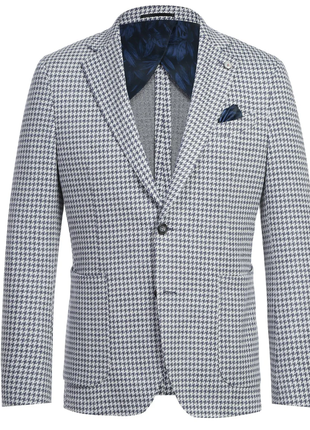 Raphael Blue White Houndstooth Slim Fit Patch Pockets Notch Lapels Blazer