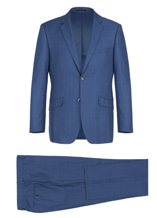 Raphael Blue Windowpane Check Slim Fit Notch Lapel Two Button Suit