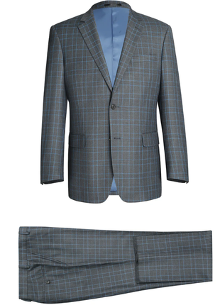 Raphael Men’s Charcoal Blue Windowpane Classic Fit Notch Lapel Two-Button Suit