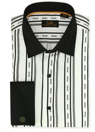 Steven Land Men's Black & White Striped Praise French Cuff 100% Cotton Dress Shirt