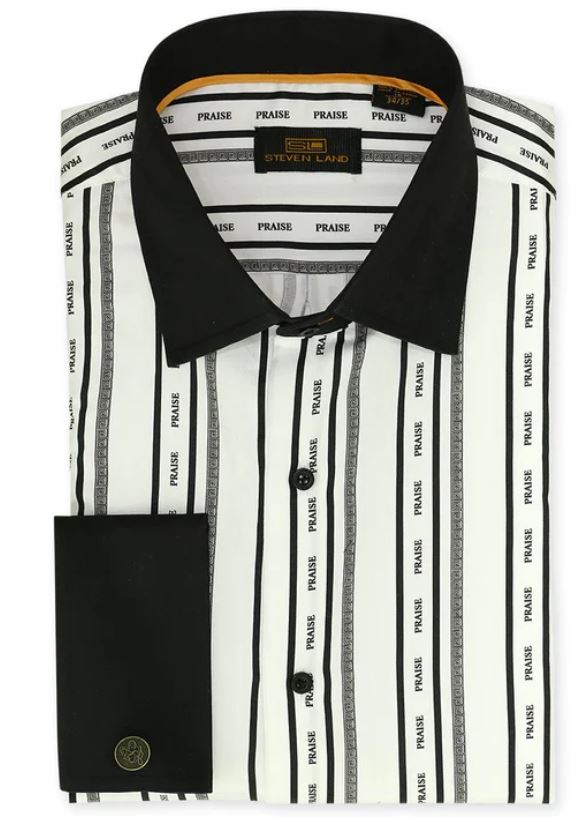Steven Land Men&#39;s Black &amp; White Striped Praise French Cuff 100% Cotton Dress Shirt