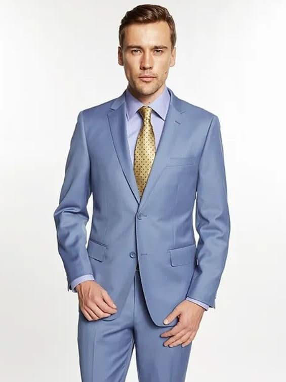 Mens Solid Light Blue 100% Wool 2 Button 2 Piece Regular Fit Suit