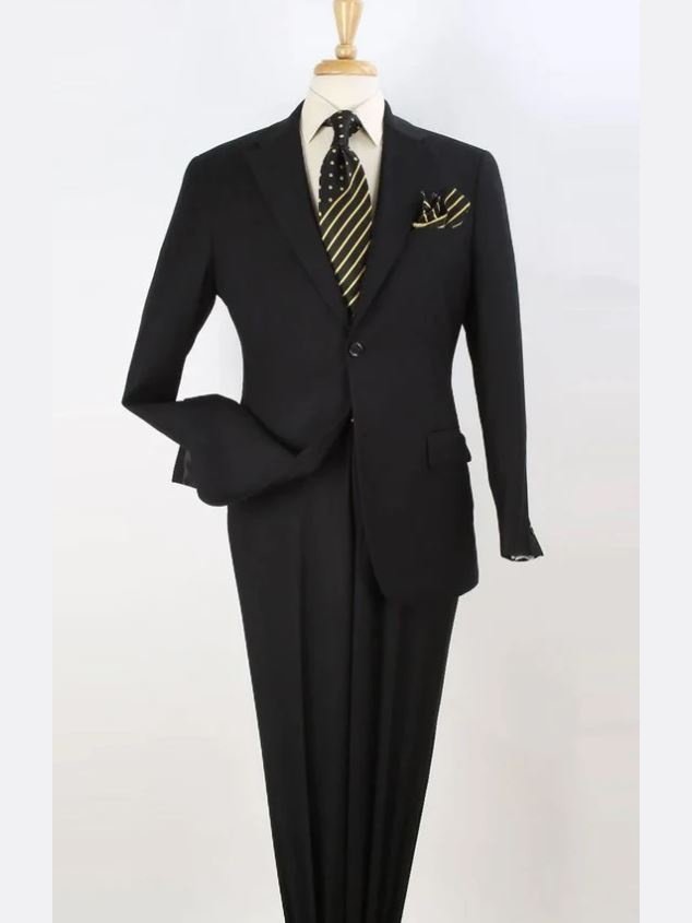 Apollo King Solid Black 100% Wool Classic Fit Three Piece Suit with Peak Lapels