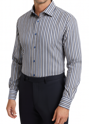Proper Shirtings Stripe French Blue and Brown Contemporary Fit Cotton Spread Collar Wrinkle Free Dress Shirt