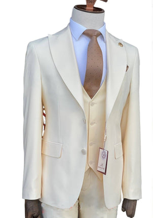 Romaster Mens Solid Cream Wool Blend 3 Piece Slim Fit Suit With Peak Lapels
