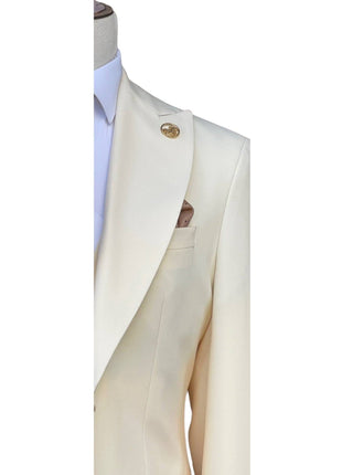 Romaster Mens Solid Cream Wool Blend 3 Piece Slim Fit Suit With Peak Lapels