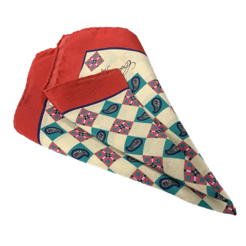 Cesare Attolini Red Beige Motif Pocket Square Handmade In Italy