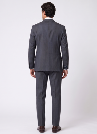 Mazara Mens Dark Gray with Navy Pinstripe Slim Fit Peak Lapel Wool 3-Piece Suit
