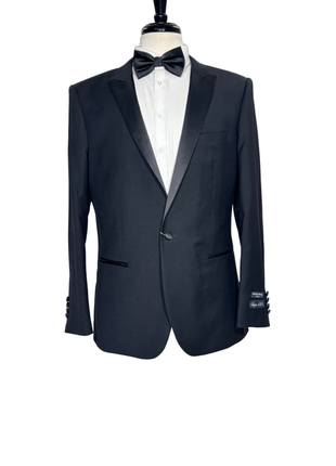 Giovanni Bresciani Mens Solid Black Satin Peak Lapel Slim Fit 1-Button Wool Tuxedo - 42R